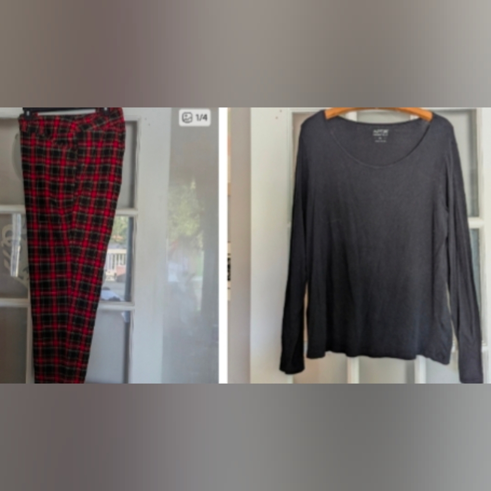 Terra & Sky Bold Red Plaid Pants & Black Stretchy Long‑Sleeve Top Set | 2X Pants